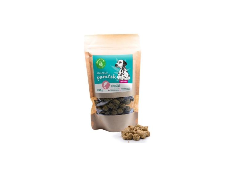 Kép Kenderes jutalomfalatok kutyáknak – lazacos ízesítéssel – 200 g – Zelená Země