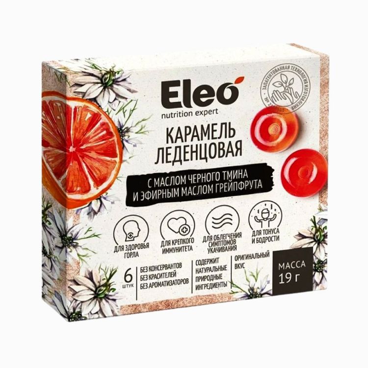 Kép ELEO karamellás cukorka grapefruittal és feketekömény-olajjal – 6 db / 19 g