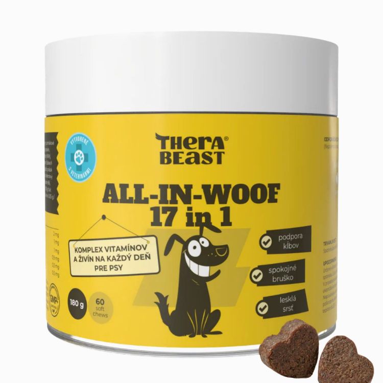 Kép All-In-Woof 17 az 1-ben – vitamin-, probiotikum- és tápanyagkomplex kutyáknak – 60 db – Therabeast