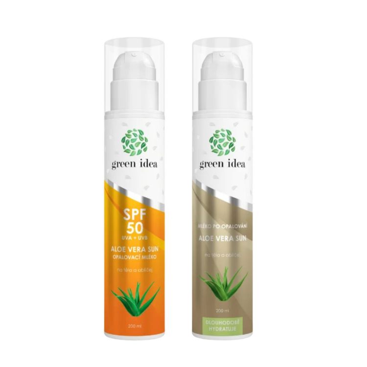 Kép Kedvezményes napozás előtti és utáni csomag: Aloe Vera Sun naptej SPF 50 + Aloe Vera Sun napozás utáni testápoló – Green idea