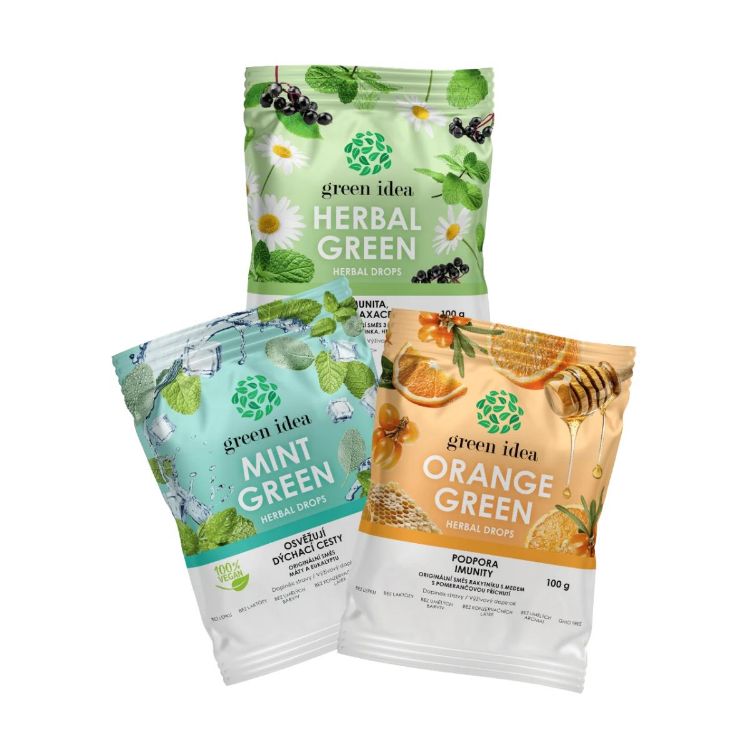 Kép Kedvezményes gyógynövényes cukorkacsomag: Mint Green + Herbal Green + Orange Green – Green idea