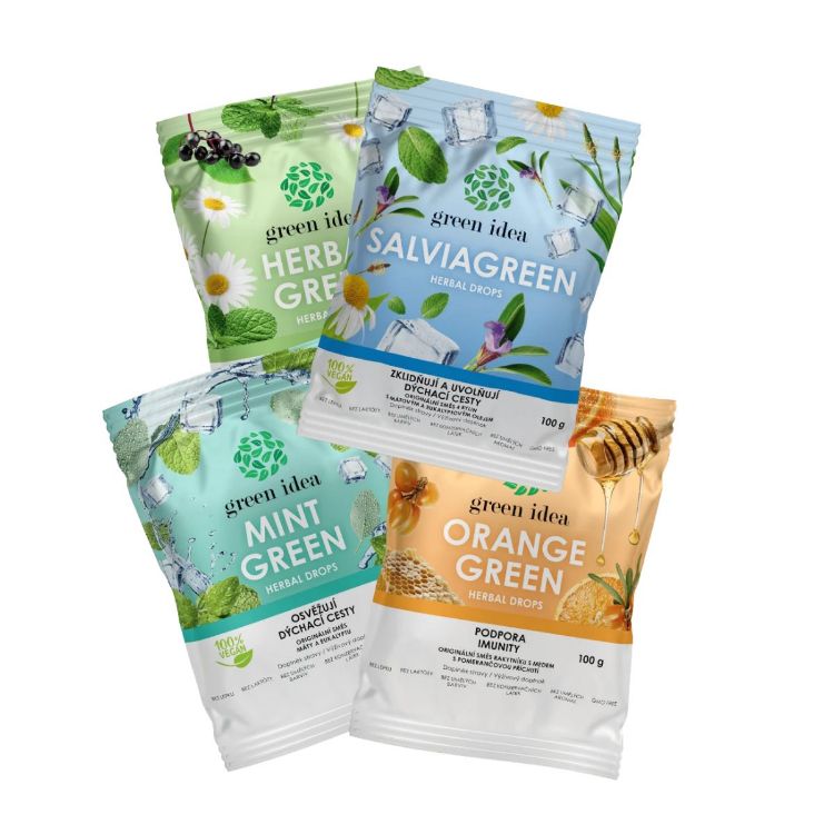Kép Kedvezményes 4-féle gyógynövényes cukorkacsomag: Mint Green + Herbal Green + Orange Green + Salviagreen – Green idea