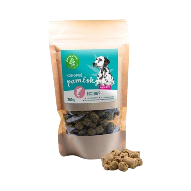 Kép Kenderes jutalomfalat kutyáknak – lazacos íz - 200 g - Zelená Země