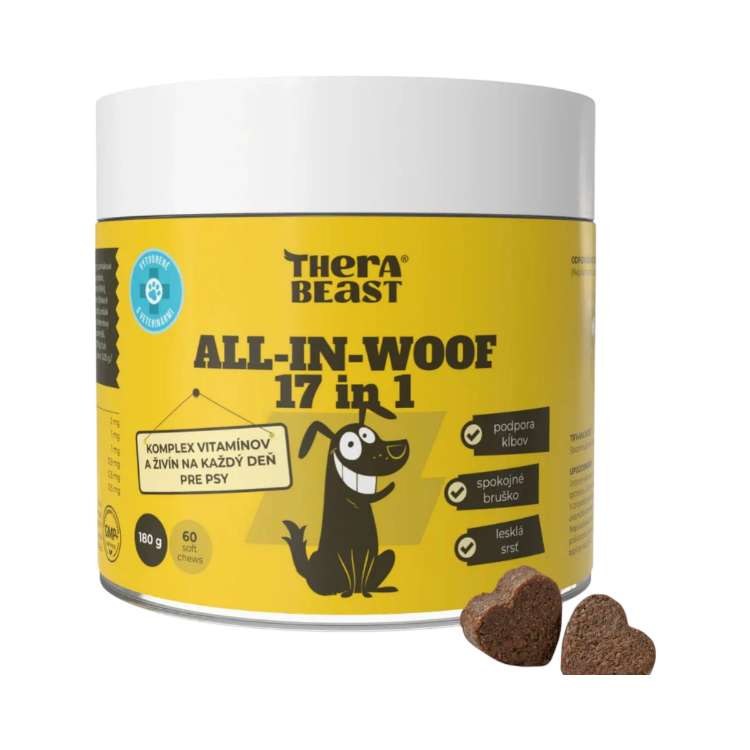 Kép All-In-Woof 17 az 1-ben – vitamin-, probiotikum- és tápanyagkomplex kutyáknak – 60 db – Therabeast