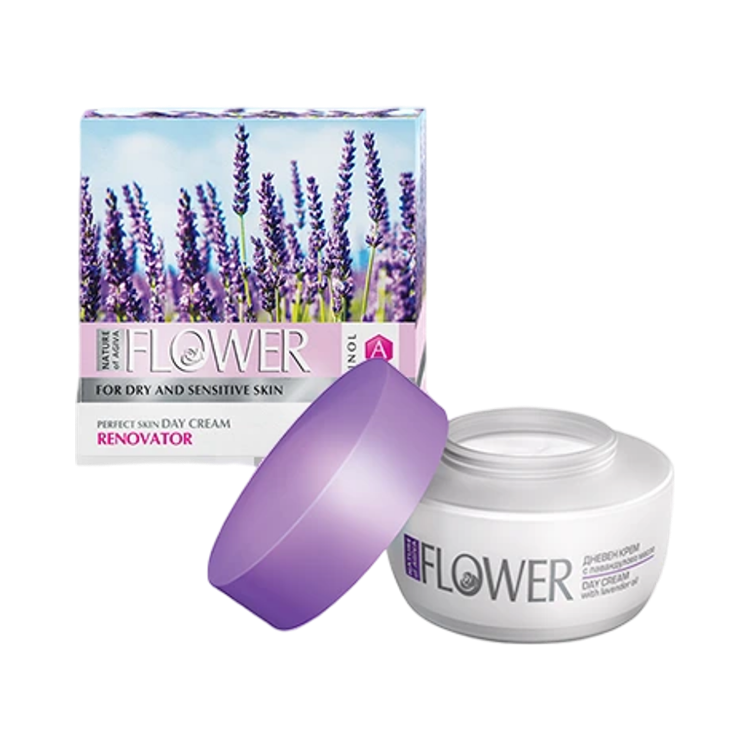 Kép FLOWER ragyogást fokozó nappali arckrém száraz és érzékeny bőrre levendulakivonattal 50 ml - NATURE OF AGIVA