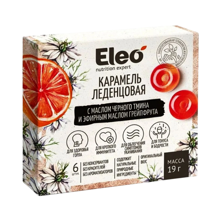 Kép ELEO karamellás cukorka grapefruittal és feketekömény-olajjal – 6 db / 19 g