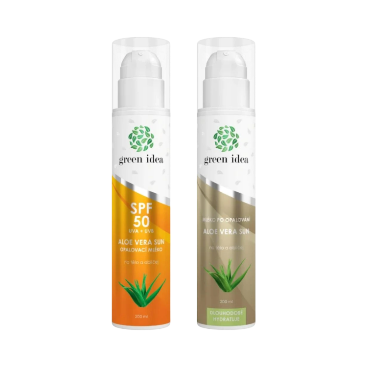 Kép Kedvezményes napozás előtti és utáni csomag: Aloe Vera Sun naptej SPF 50 + Aloe Vera Sun napozás utáni testápoló – Green idea